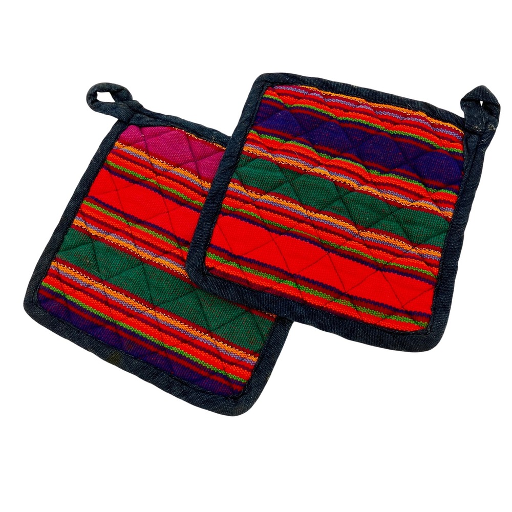 Mayan Hands Pot Holders Set of 2 7.5in Multicolor Handwoven Guatemalan Boho